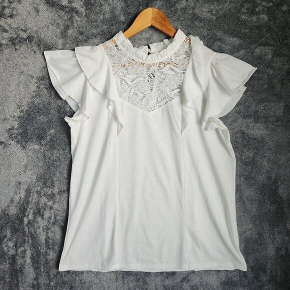 Women's Flutter Sleeveless White Crochet Blouse Top Size Medium Ruffle Keyhole - Picture 1 of 8